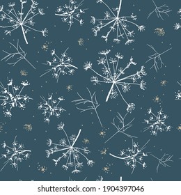 Abstract seamless pattern with white delicate dill on a dark background. Vector drawing of a sprig of dill.  Manual work. Great idea for postcard, calendar, holiday invitation, wrapping paper.