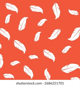 Abstract seamless pattern of white falling feathers. Orange background