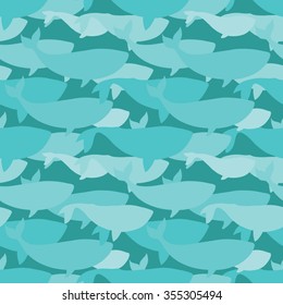 Abstract seamless pattern of white fish with a blue stroke, contour. Vector. Packaging, wallpaper, background, textile, in a nautical theme. Silhouette of fish in a line, one behind the other floating