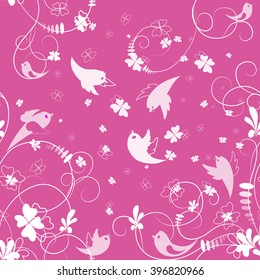 Abstract seamless pattern of white flowers and birds on a pink background