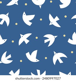 Abstract seamless pattern with white flying birds on dark blue background. Animal theme repeating wallpaper. Vector illustration. 