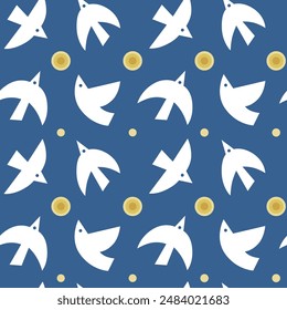 Abstract seamless pattern with white flying birds and sun on dark blue background. Animal or nature theme repeating wallpaper. Vector illustration.