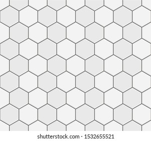 Abstract seamless pattern, white gray ceramic tiles floor. Concrete hexagonal paver blocks. Design geometric mosaic texture for the decoration of the bathroom, vector illustration