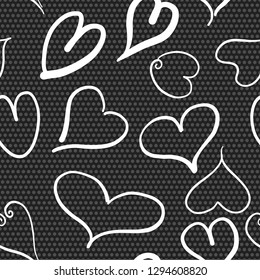 Abstract seamless pattern with white hearts and polka dots background. Valentine hearts with hand draw