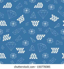 Abstract seamless pattern white lace, geometric figures, diamonds and lines on blue background. Vector illustration. 