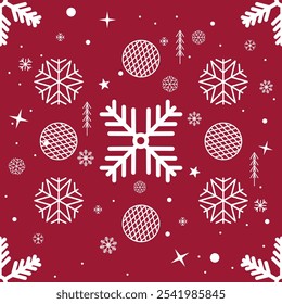 Abstract Seamless Pattern white Snowflakes and ornamented bauble on red background for Christmas and New Year, texture clothing scarf decoration