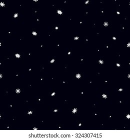 Abstract seamless pattern. White snowflakes on a black background. The minimalism. Vector illustration.