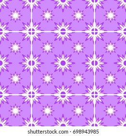 Abstract seamless pattern of white snowflakes on a purple background.