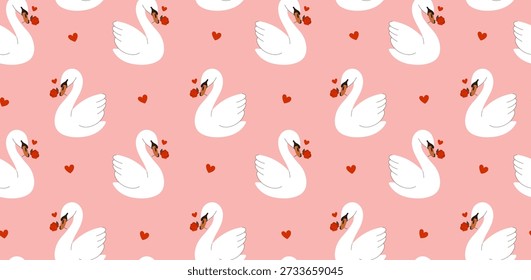 Abstractas patrón sin fisuras. Cisnes blancos, rosas rojas, corazones, sobre un fondo rosa. Estilo de color plano minimalista moderno. Diseño para el Fondo de pantalla, Anuncio, impresión, cubierta, tarjeta. Ilustración vectorial colorida