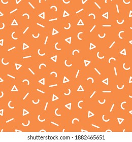 Abstract seamless pattern. White triangles, arcs and lines on orange vector wallpaper background. Stylish wrapping and scrapbooking template. Bright fabric print.