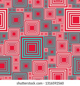 Abstract seamless pattern with lot white and turquoise squares on red, scarlet background. Template vector illustration pcb, electrical circuit, city block. Geometric layout different size rectangles.