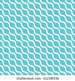 Abstract seamless pattern with white waves in diagonal arrangement on blue background. Simple flat geometric vector illustration.
