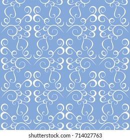 Abstract seamless pattern. White waving curls similar to winter frosty window look on sky blue. Texture for web, print, home decor, textile, wrapping paper, wallpaper, wedding invitation background
