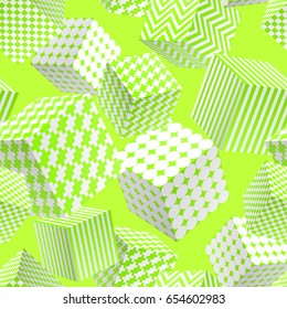 Abstract Seamless Pattern of White and Yellow Green Patterned Cubes. Modern Vector Background without Transparency.