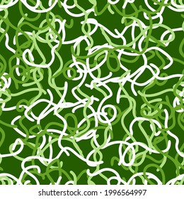 patrón abstracto sin fisuras en colores blanco-verde. entrelazado caótico de rayas onduladas blancas y verdes sobre un fondo oscuro. vector
