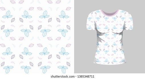 Abstract seamless pattern wiht blue, pink, violet leaves on white background and mock up T-shirt whith this ormnament. Vector nature, forest texture for fabric, textile, bedlinen, undergarment.