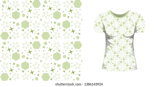 Abstract seamless pattern wiht blue flowers and mock up T-shirt whith this ormnament on white background. Vector marine, nautical texture for fabric, textile, wrapping paper, bedlinen.