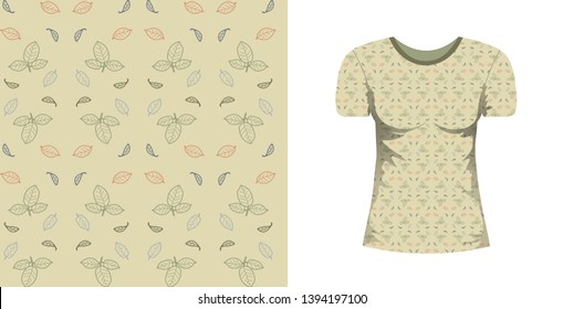 Abstract seamless pattern wiht blue, green, red leaves on grey background and mock up T-shirt with short sleeves with this ormnament. Vector nature texture for fabric, textile, undergarment.