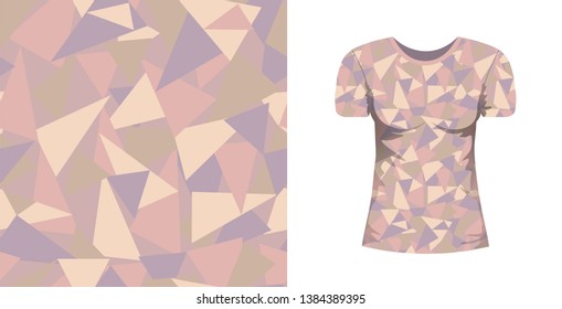 Abstract seamless pattern wiht pink, yellow, violet triangles and mock up T-shirt whith this pattern on white background. Vector texture for fabric, textile, wrapping paper. Ornament.