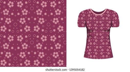 Abstract seamless pattern wiht pink flowers against maroon background and mock up T-shirt whith short sleeve with this ormnament. Vector floral texture for fabric, textile, wrapping paper, bedlinen.