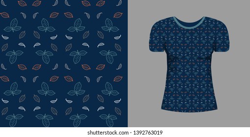 Abstract seamless pattern wiht red, grey, white leaves on blue background and mock up T-shirt with short sleeve with this ormnament. Vector nature, forest texture for fabric, textile, undergarment.