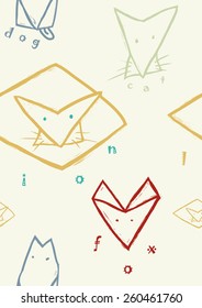 Abstract seamless pattern with wild animals, hand-drawn lion,cat,dog, origami, cartoon style 