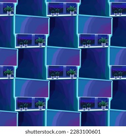Abstract seamless pattern of window with a night city view, roller blackout blinds and potted plants on the windowsill. Vector repeated geometric design