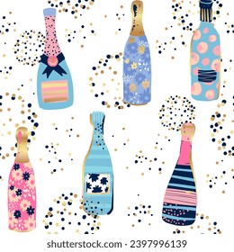 Abstract seamless pattern with wine bottles and champagne. Fashion print for girl