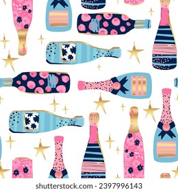 Abstract seamless pattern with wine bottles and champagne. Fashion print for girl