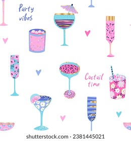 Abstract seamless pattern with wine glasses and cocktails. Fashion print for girl