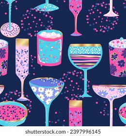 Abstract seamless pattern with wine glasses and cocktails. Fashion print for girl