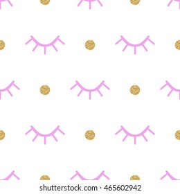 Abstract seamless pattern with winking eyes and gold polka dots.  Eyelashes trendy background. Vector illustration.