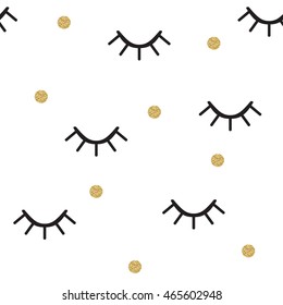 Abstract seamless pattern with winking eyes and gold polka dots.  Eyelashes trendy background. Vector illustration.