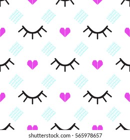 Abstract seamless pattern with winking eyes and hearts.  Eyelashes trendy background. Vector illustration.