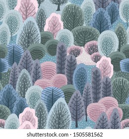 Abstract seamless pattern with winter forest. Trees, bushes, snow. Vector background for various surface. Trendy hand drawn textures.
