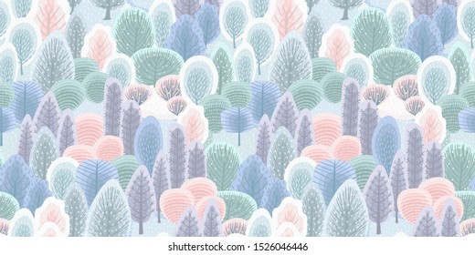 Abstract seamless pattern with winter forest. Trees, bushes, snow. Vector background for various surface. Trendy hand drawn textures.