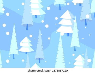 Abstract seamless pattern, winter forest background. Vector white Christmas pines. Trendy snowy landscape textures.