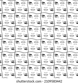 Abstract seamless pattern with womans faces on check background