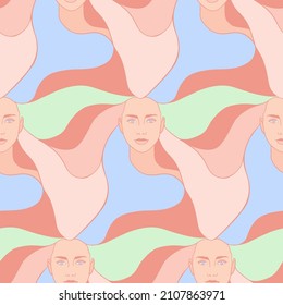 Abstract seamless pattern with womans heads and hair