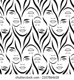 Abstract seamless pattern with womans heads and hair