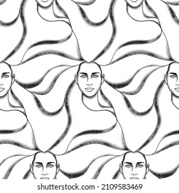 Abstract seamless pattern with womans heads and hair