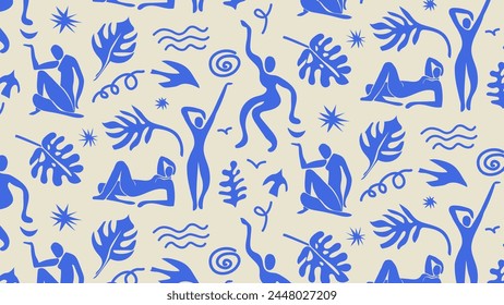 Abstract seamless pattern with women figures, plants and organic shapes inspired by Matisse paper cut style. Vector illustration for brochure covers, wallpaper, wrapping paper, textiles print 