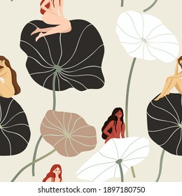Resumen de un patrón sin fisuras con mujeres sentadas en plantas tropicales. Fondo original del vector.