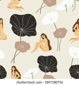 Abstract seamless pattern with women sitting on tropical plants. Vector original background.