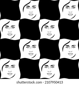 Abstract seamless pattern with womens faces on chess board background. Repeat conceptual black and white textile print