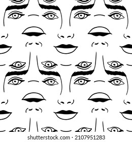 Abstract seamless pattern with womens faces. Repeat background, textile print with eyes, noses, lips
