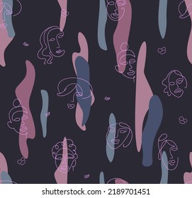 Abstract seamless pattern with women's faces in line-art style.