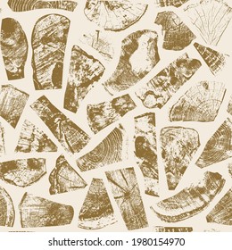 Abstract seamless pattern with wooden imprints of various textures and shapes on a light backdrop. Monochrome vector background with wood elements in grunge style. Wallpaper, wrapping paper, flooring