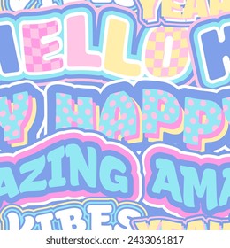 Abstract seamless pattern with words on retro style. Funny texture background. Wallpaper cool teen style