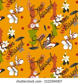 Abstract seamless pattern with words Sun-kissed and flowers and chess on the orange background